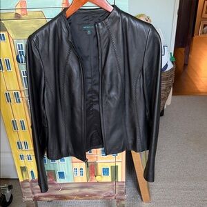 Siena Studio Black Leather Open-Front Jacket with Decorative Stitching